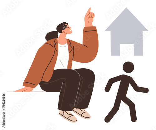 Woman sitting and pointing upward near walking figure and home outline. Ideal for themes of direction, decision-making, guidance, progress, homecoming, motivation, self-discovery. Simple flat