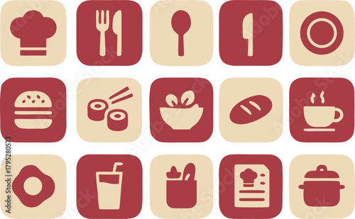 Delicious food icons representing a variety of culinary delights, perfect for cookbooks, menus, and restaurant branding with charming style