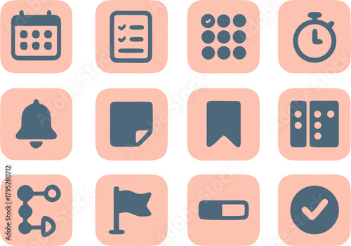 Cute pastel organizer icons for scheduling, reminders, project management, and task completion, perfect for mobile apps and web design