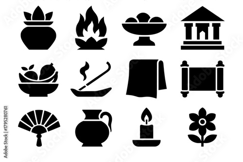 Brutalist Ritual Icons. Traditional Rituals silhouette icons set: pot, fire, offering plate, temple, fruit bowl, incense stick, cloth, scroll, fan, water vessel, candle, flower.