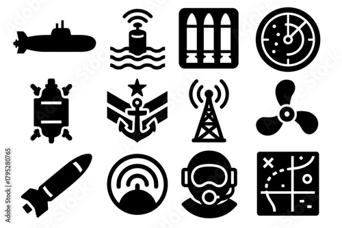 Underwater Military Icons. Military underwater fleet silhouette icons set: stealth sub, sonar buoy, missile hatch, radar screen, depth charge, navy insignia, communication tower.