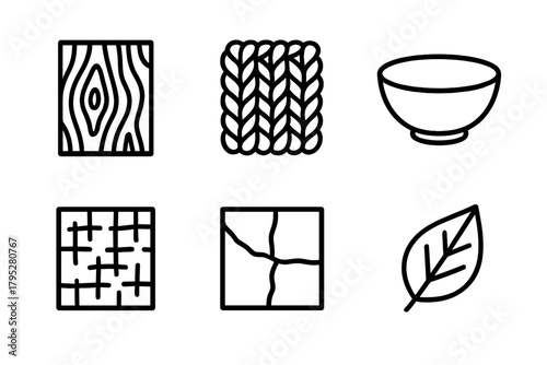 Natural Material Icons. Natural Materials linear icons: wood grain, wool fabric, ceramic bowl, linen texture, stone tile, leaf.