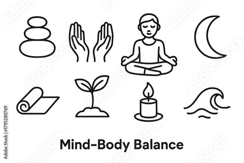 Harmony Symbols Icons. MindBody Balance linear icons: balanced stones, open hands, yoga mat, calm face, moon, leaf sprout, candle, gentle wave.