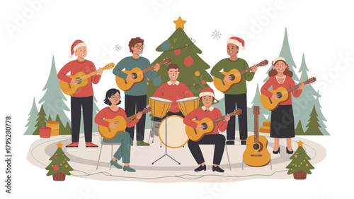 Joyful Christmas band:  A talented ensemble of musicians, dressed festively, gather around a decorated Christmas tree, filling the air with the lively and heart warming music.