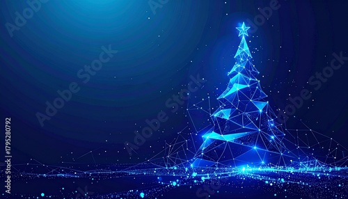 Glowing blue digital Christmas tree with a star topper, formed by a futuristic plexus network of connected lines and dots. Abstract holiday technology concept on a dark background