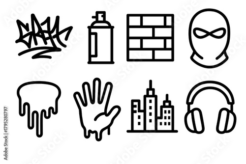Graffiti Icons in Black. Urban Street Art linear icons: graffiti tag, spray paint, brick wall, mask, dripping paint, handprint, city lights, headphones.