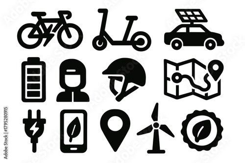 EcoFriendly Icon Set. Personal green mobility silhouette icons set: electric bicycle, foldable scooter, solarpowered car, battery pack, helmet, map route, charging plug, phone app.