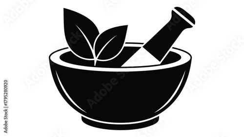 Herbal mortar and pestle silhouette icon isolated on white background, Vector