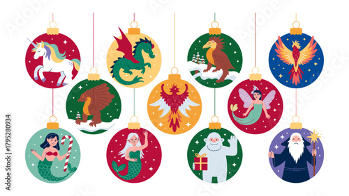 Whimsical Ornament Collection: A collection of fantastical and magical illustrations, each adorning unique decorative ornaments with whimsical themes.