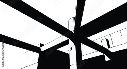 Striking black and white architectural lines create a dramatic abstract pattern with strong shadows.
