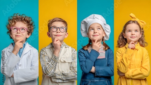 Children dreaming of their future professions on colorful backgrounds. Concept: Inspiration, childhood aspirations, and career imagination.