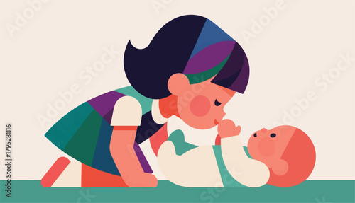 Illustration Of A Small Child Loving A Baby Vector Design Template