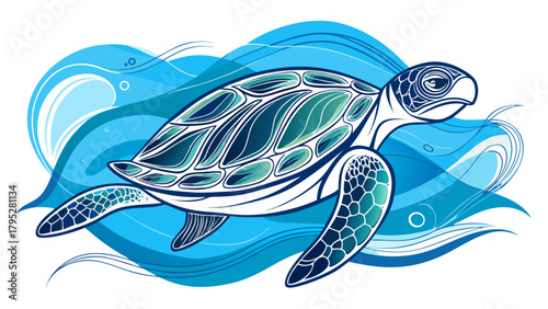 Very beautiful sea turtle one-line art drawing with a minimal abstract style, showing a graceful turtle swimming in the ocean, created with a clean editable stroke, perfect for modern design, logos, 