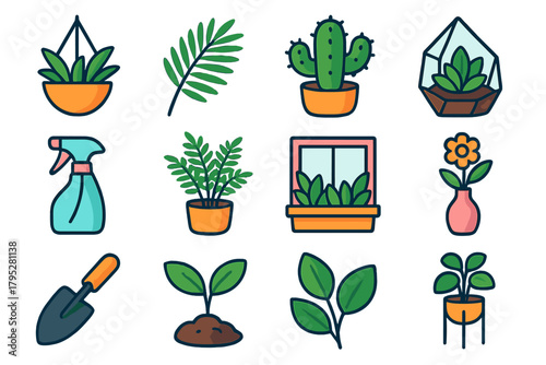 Isometric Green Icons. Green Living Spaces flat icons: hanging planter, palm leaf, cactus pot, terrarium, watering spray, potted fern, window garden, flower vase, soil scoop.
