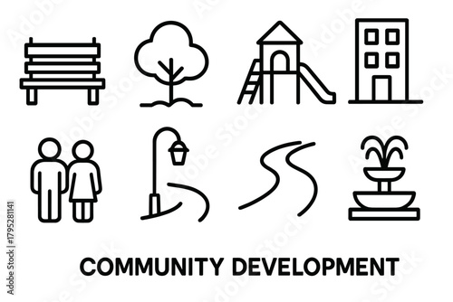 Community Icon Set. Community Development linear icons: park bench, tree, playground, apartment, people, street lamp, path, fountain.