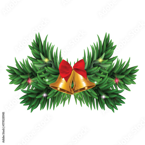 Christmas tree branch with lonceng dan pita merah isolated on white for Christmas lights decoration. vector illustration