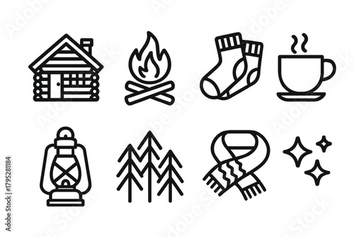 Cozy Cabin Icons. Cozy Cabin Weekend linear icons: wooden cabin, campfire, wool socks, cup of tea, lantern, forest, scarf, stars.