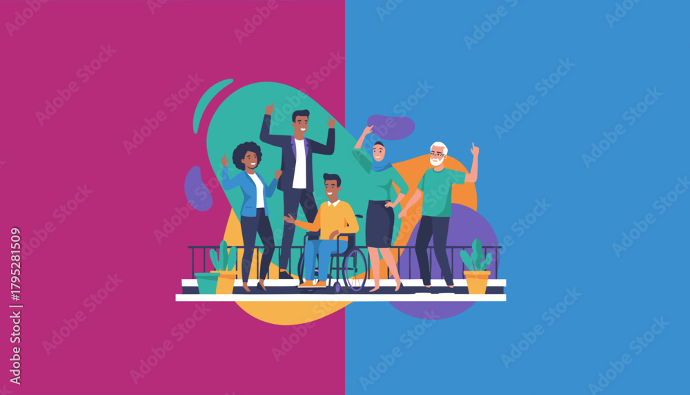 Naklejka premium Diverse happy team celebrating unity and inclusion on a vibrant background Corporate teamwork concept