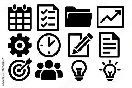Brutalist Task Icons. Task Coordination silhouette icons set: calendar, checklist, folder, clipboard, chart, gear, clock, pencil, document, target, team, light bulb.