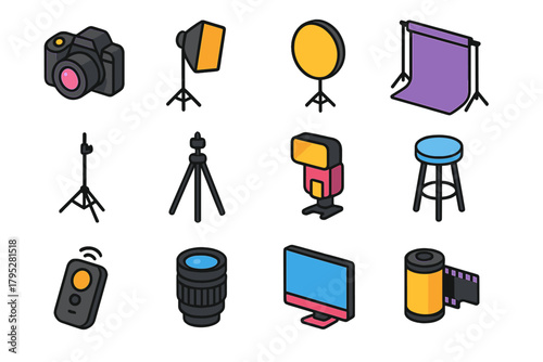 Photography Equipment Icons. Studio photography flat icons: DSLR camera, softbox, reflector, backdrop, light stand, tripod, flash, stool, remote control, camera lens, monitor.