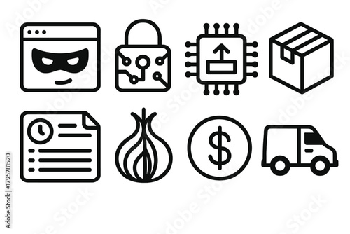 Dark Web Icons. Dark Web Trade linear icons: hidden browser window, encrypted lock, data packet, sealed package, timestamped ledger, onionlike network node, payment token, stealth.