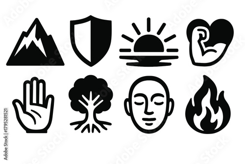 Inner Strength Icons. Inner Strength silhouette icons set: mountain peak, shield, sunrise, strong heart, open hand, rooted tree, calm face, flame icon.