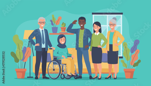 Diverse business team promoting inclusion equality and collaboration in an office setting