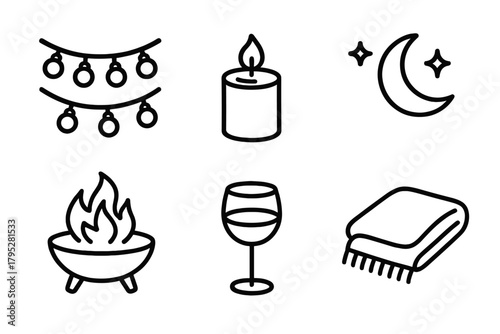 Cozy Evening Icons. Evening Ambiance linear icons: string lights, candle, fire pit, moon, glass, blanket.