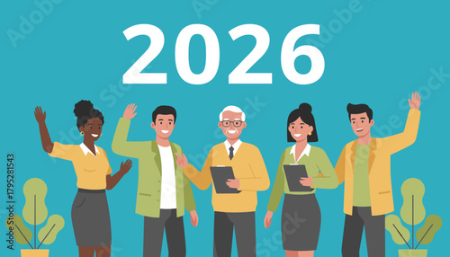Diverse team of professionals waving below large 2026 numbers celebrating success