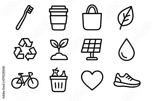 EcoFriendly Icon Grid. Daily Sustainability linear icons: toothbrush, reusable cup, tote bag, leaf, recycling symbol, plant, solar panel, water droplet, bicycle, compost bin, heart.