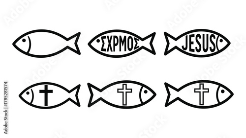 Ichthys christian fish silhouette symbols isolated on white background, Vector