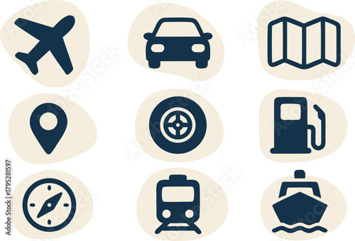 Explore the world with diverse transportation icons including airplane, car, map, train, boat, and compass