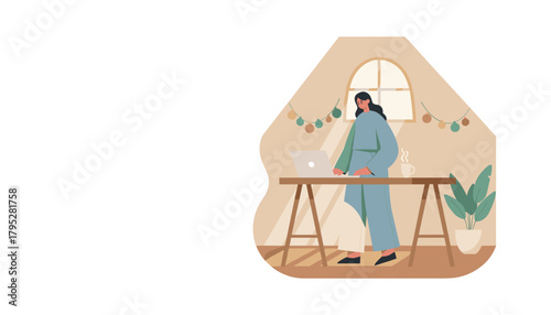 Remote worker uses laptop at home standing desk in a cozy decorated room