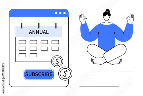 Annual calendar with a subscription payment option alongside a person meditating. Ideal for finance, productivity, self-care, mindfulness, work-life balance, digital tools, subscription model. A