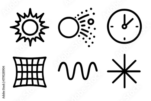 Cosmic Icons Display. Big Bang Theory linear icons: explosion sphere, particle stream, clock, curved grid, wave, spark.