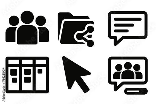 Bold Vector Icons. Team Collaboration silhouette icons set: group avatars, file folder, shared document, comment icon, task board, cursor pointer, meeting bubble, progress bar.