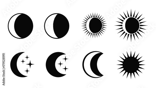 Celestial sun and moon silhouette icons isolated on white background, Vector