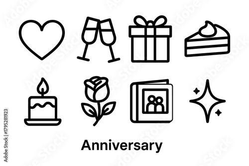 Anniversary Icons. Anniversary linear icons: love heart, champagne flute, wrapped gift, cake slice, candle, rose bloom, photo album, sparkle.
