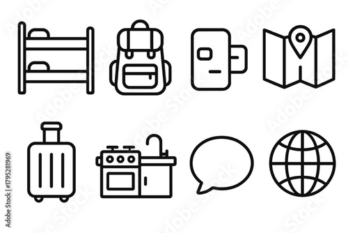 Hostel Icon Set. Hostel Concept linear icons: bunk bed, backpack, keycard, map, luggage, shared kitchen, chat bubble, globe.