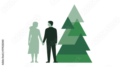 Hand in Hand: Silhouetted figures of a man and woman stand together in a harmonious embrace, beside a stylized Christmas tree, symbolizing unity and togetherness in nature.