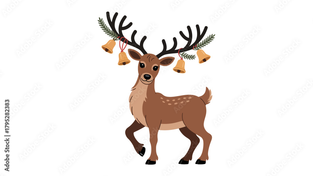Fototapeta premium Festive Deer Delight: An illustration of a whimsical deer, adorned with bells and seasonal decorations, embodies the joyous spirit of a festive occasion.