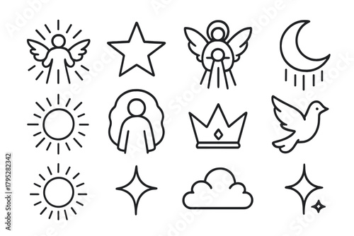 Celestial Icons Display. Heavenly entities linear icons: radiant figure, wings, star, moon, light beam, orb, aura, crown, dove, sun, sparkle, cloud.