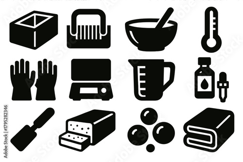 Brutalist Soap Icon Set. Cold process soap silhouette icons set: mold, cutter, mixing bowl, thermometer, gloves, scale, jug, essential oil, spatula, soap loaf, bubbles, towel.
