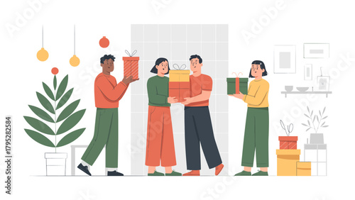Sharing Gifts: A group of friends exchanges gifts during a festive gathering, illustrating the joy and camaraderie of the season. The image radiates warmth and generosity.