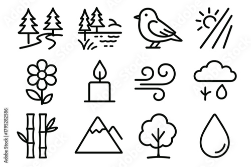Nature Icons Harmony. Peaceful surroundings linear icons: forest path, lake reflection, bird, sunbeam, flower, candle flame, wind swirl, open sky, bamboo, mountain, tree, raindrop.