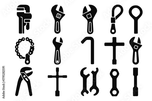 Plumbing Tools Icons. Plumbing Wrenches silhouette icons set: pipe wrench, basin wrench, adjustable wrench, strap wrench, chain wrench, spud wrench, hex key, Thandle wrench, pliers.