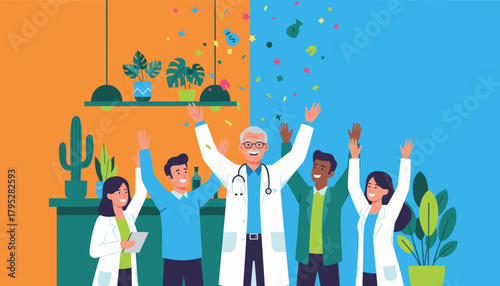 Diverse team of doctors and professionals celebrate success victory and financial achievement with confetti