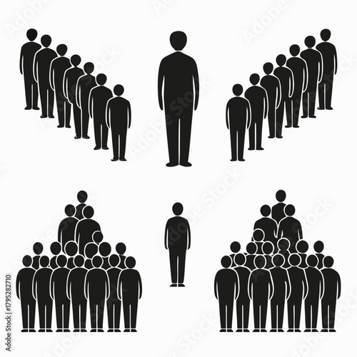 Illustration showing groups of people standing in lines and clusters on a white background design