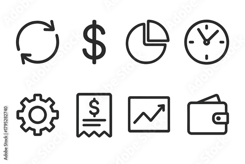 Icon Ensemble on Finance. Recurring Revenue linear icons: loop arrow, dollar sign, pie chart, clock, gear, invoice, line graph, wallet.