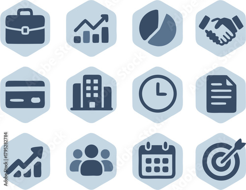 Modern business icons set for finance, strategy, teamwork, and productivity, offering professional visual solutions.